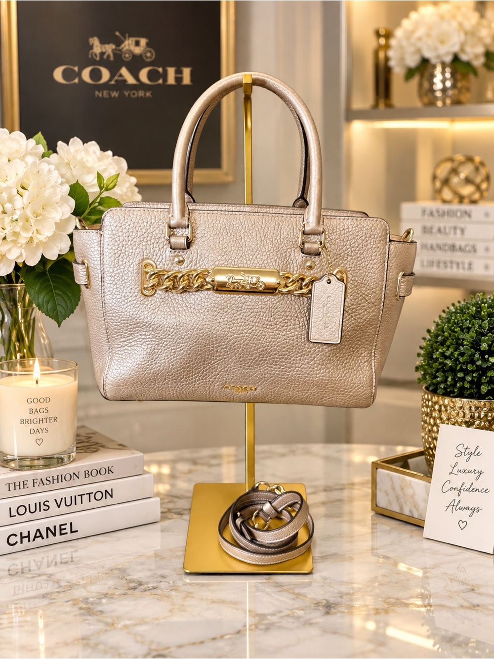 Coach Metallic Champagne Pebble Leather Satchel with Gold Chain Accent